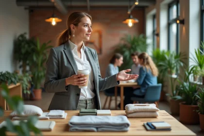 Femme d affaires avec tasse recyclable dans espace coworking
