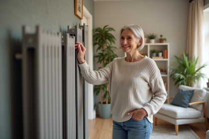 Femme souriante ajustant le thermostat dans un salon cosy