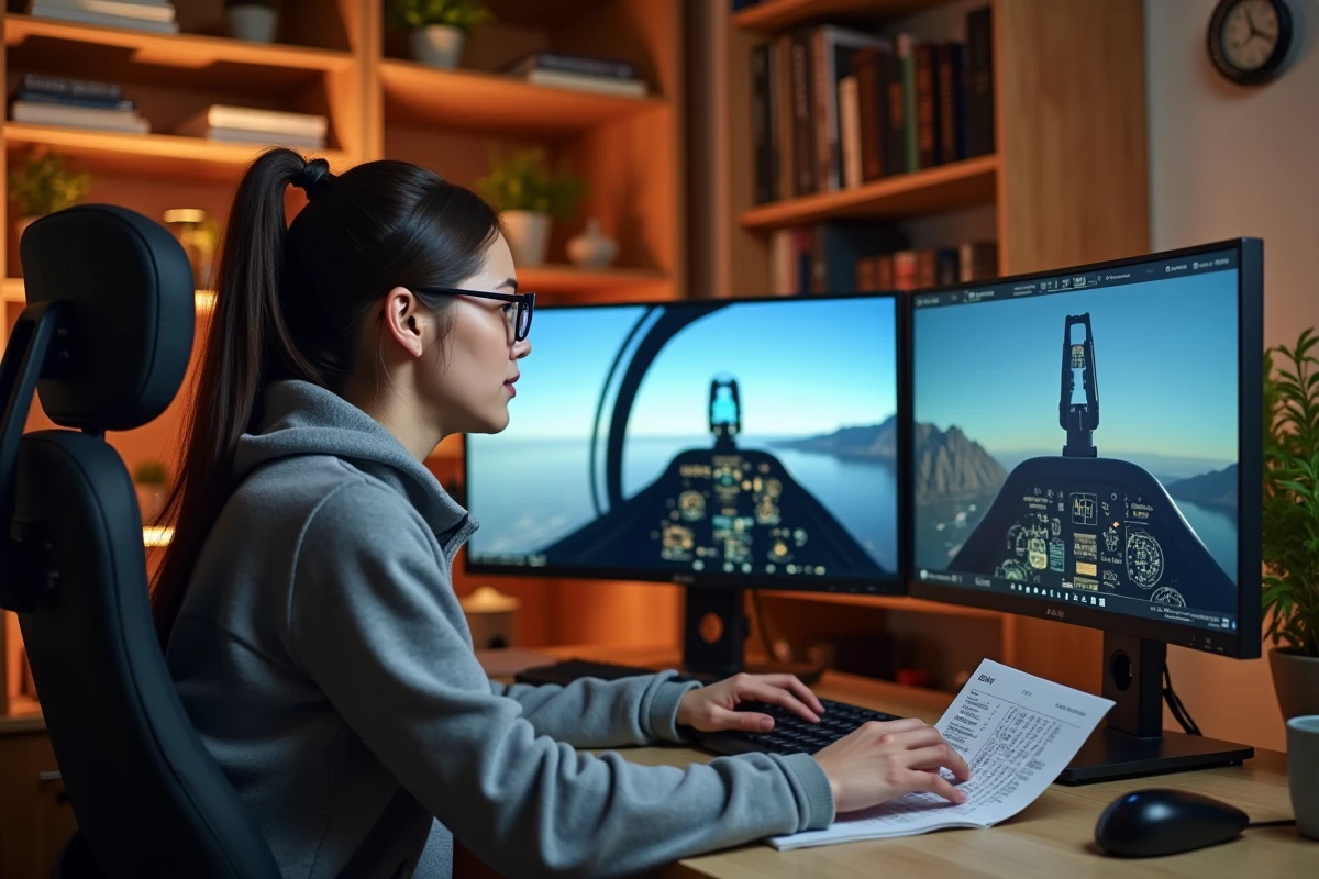 Femme passionnée de simulation de vol réglant les paramètres avioniques d'un avion Phantom sur grand écran ultrawide