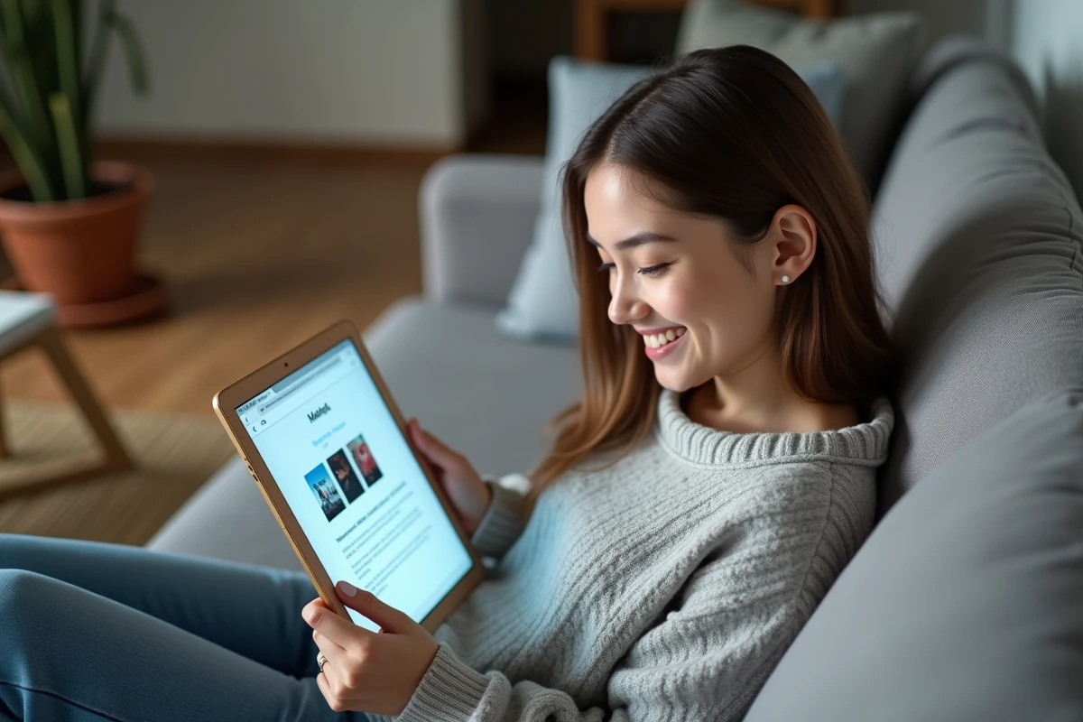 Jeune femme allongée sur un canapé consultant une application de suivi de mangas sur une tablette dans un salon moderne