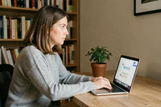 Femme utilisant ChatGPT en français sur un ordinateur portable dans un bureau à domicile