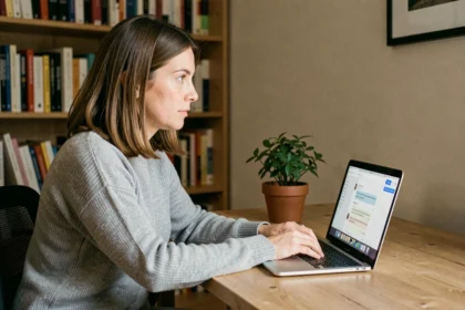 Femme utilisant ChatGPT en français sur un ordinateur portable dans un bureau à domicile