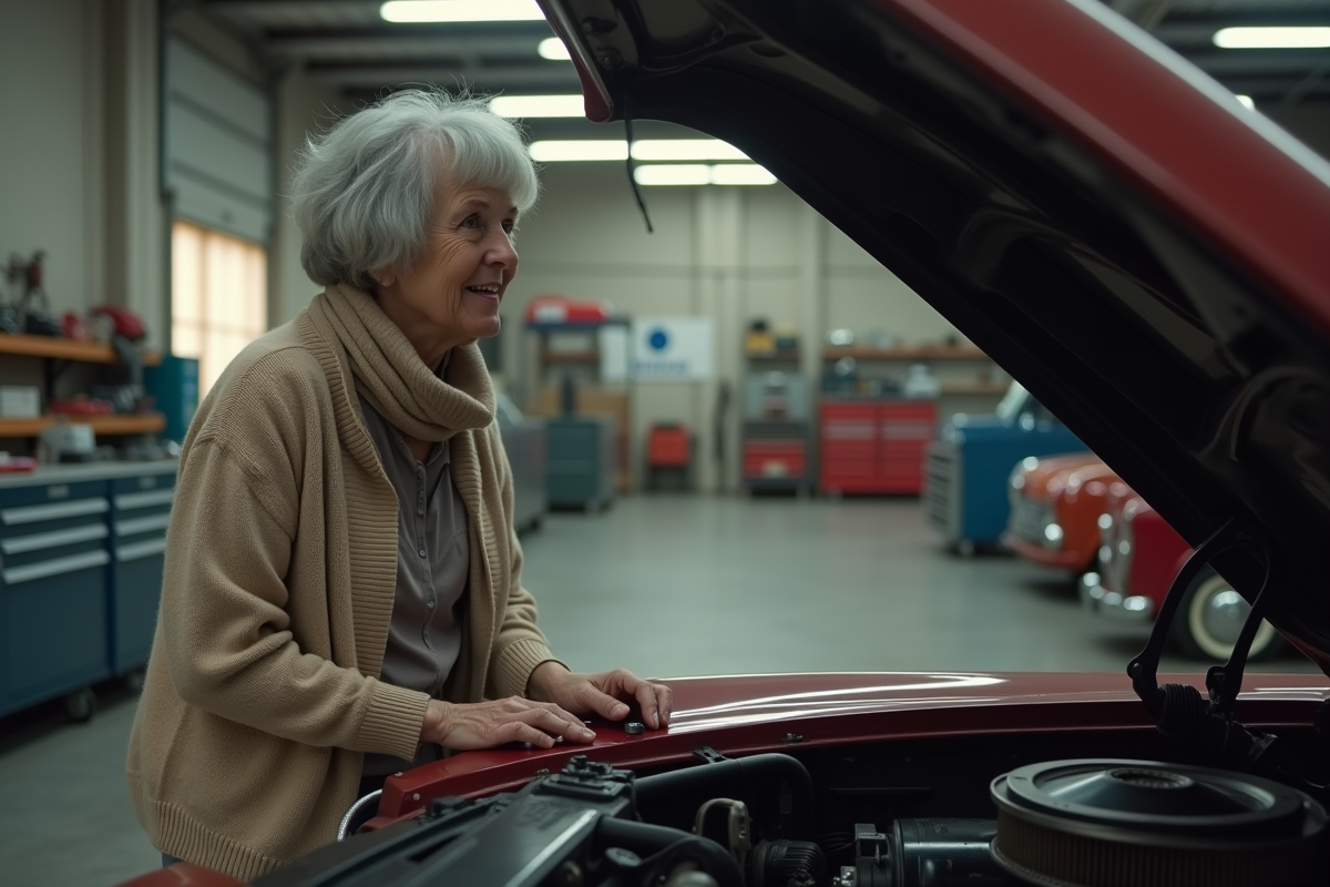 Femme âgée examinant le moteur d