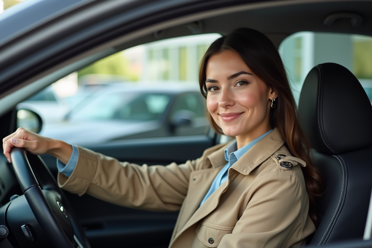 Femme souriante dans une voiture en showroom