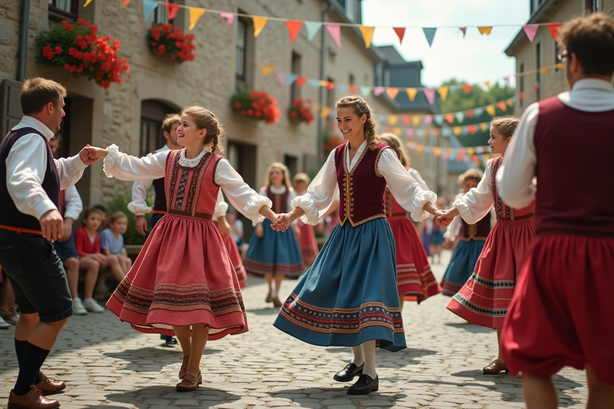 Groupe de Breton en fête dansant dans une place pavée