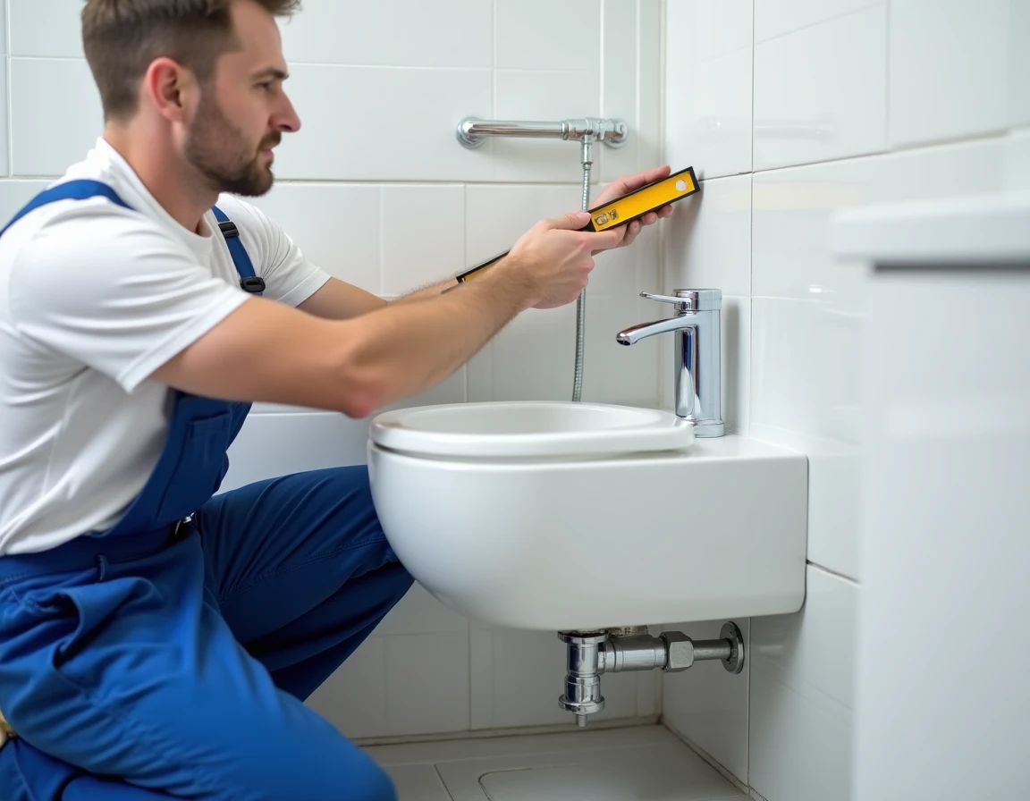 Installateur de FL Plomberie posant un WC suspendu et ses raccords dans une salle de bain neuve à Clermont-Ferrand