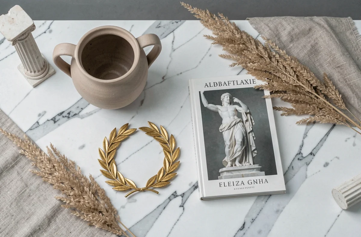 Flat lay éditorial d'objets décoratifs d'inspiration grecque antique sur marbre blanc, style magazine design