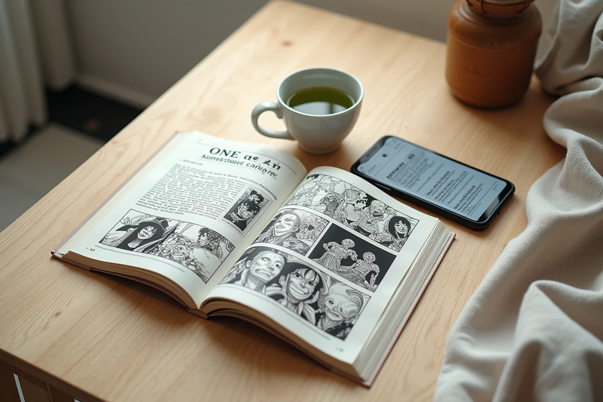 Flat lay d'un manga One Piece japonais, d'une traduction française et d'un smartphone affichant un calendrier de sortie de scans