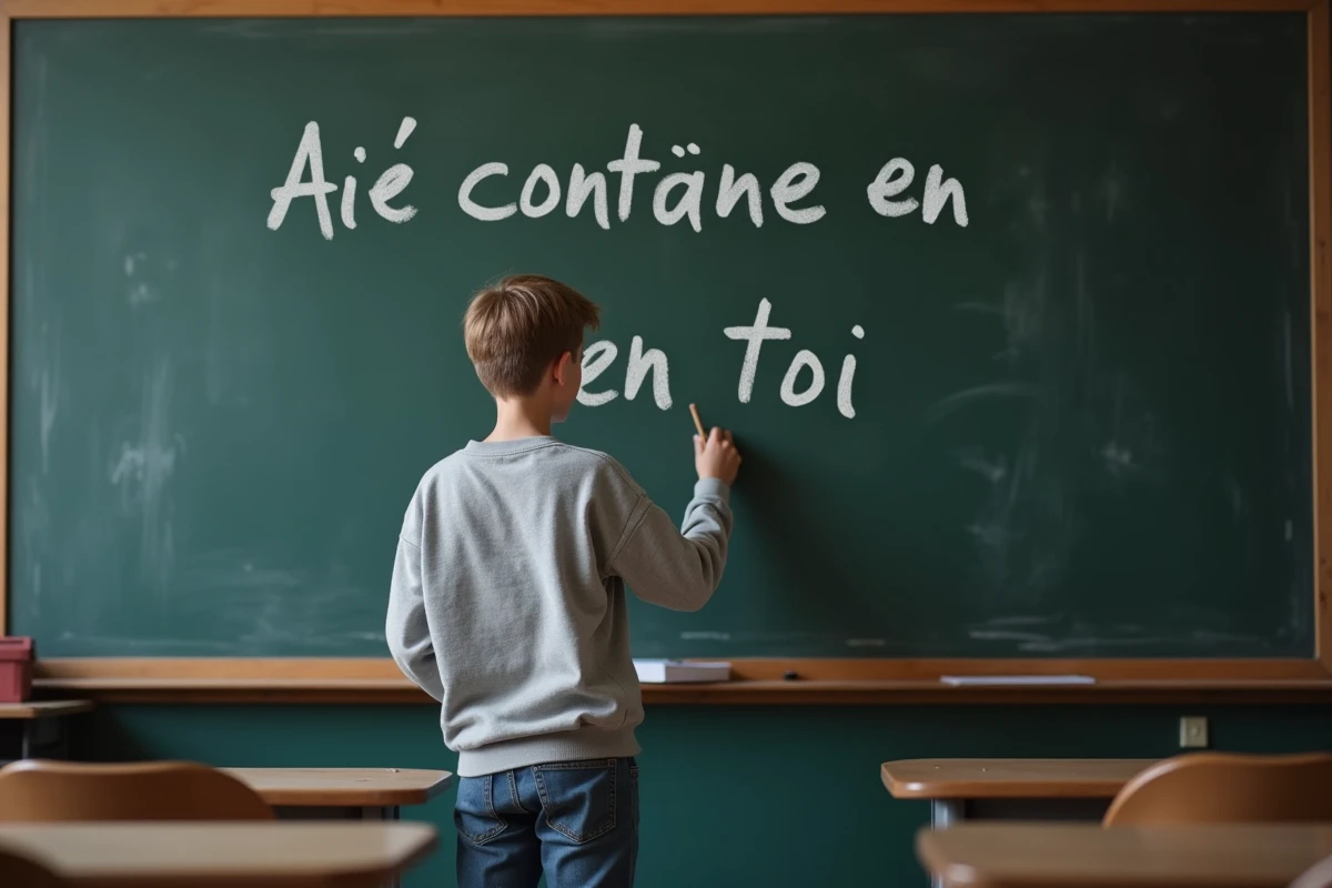 Garçon écrivant sur un tableau scolaire en classe