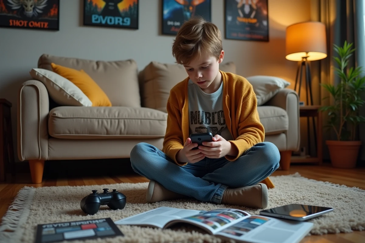 Adolescent jouant avec un smartphone dans un salon geek
