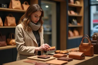 petite maroquinerie élégante en cuir sur une table en bois