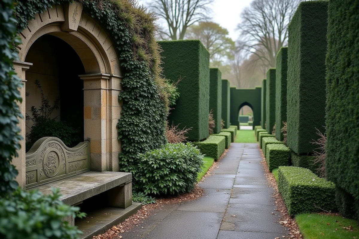 Grotte en pierre et jardin formel à l'anglaise rappelant la propriété de Twickenham d'Alexander Pope, avec haies d'ifs et sentier mouillé