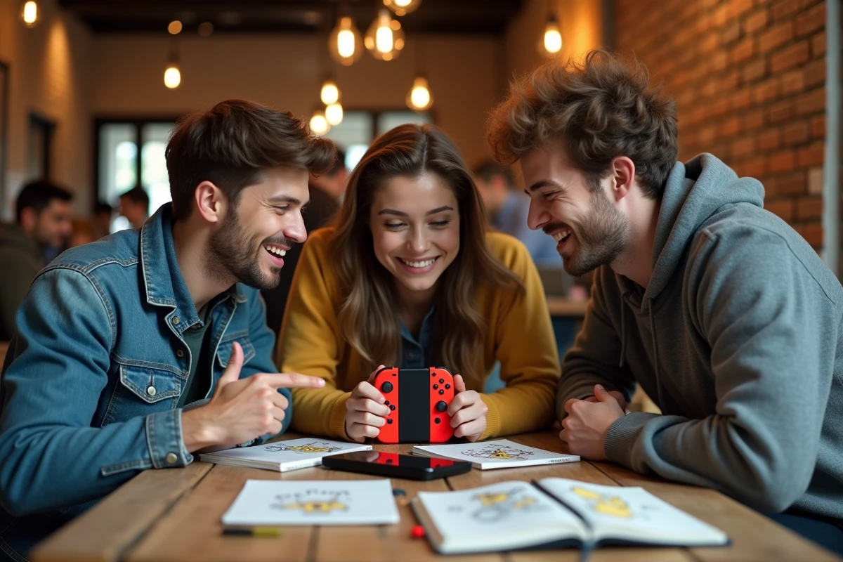 Groupe d'amis passionnés de jeux vidéo discutant des futures sorties Pokémon 2026 dans un café