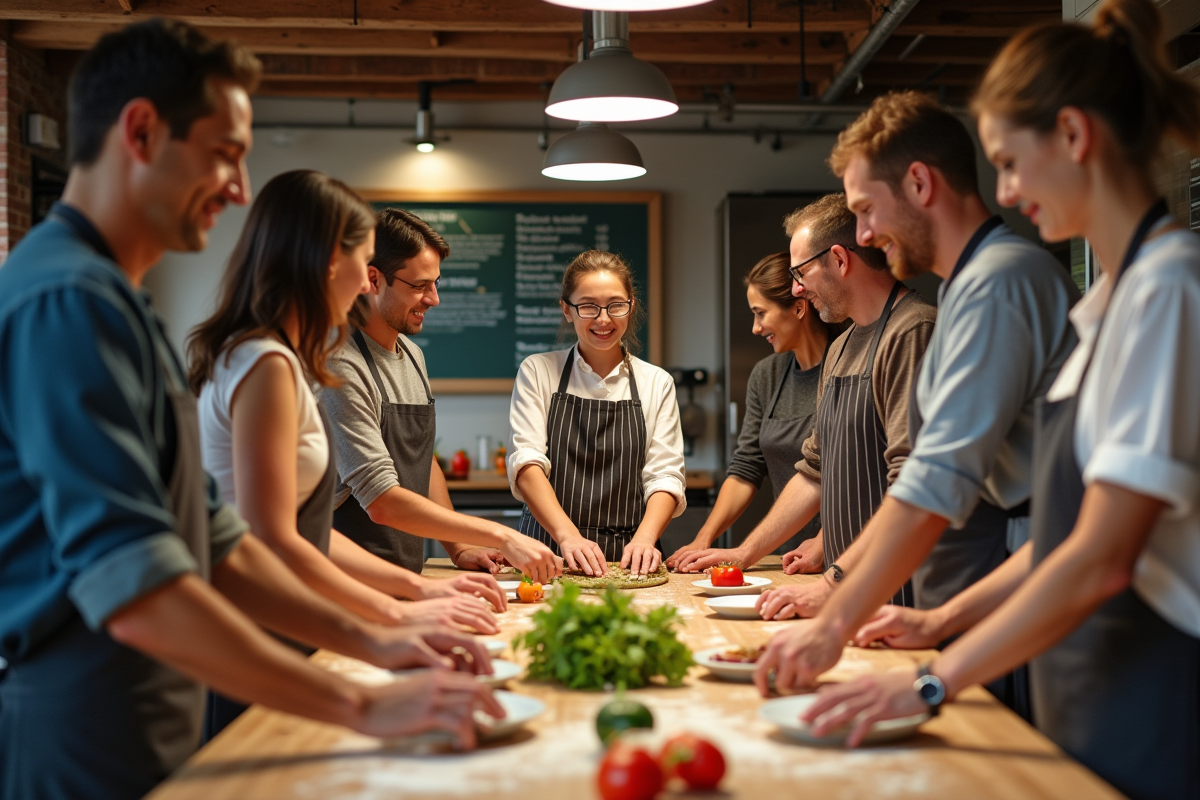 Groupe d adultes en cuisine dans un bistrot parisien convivial