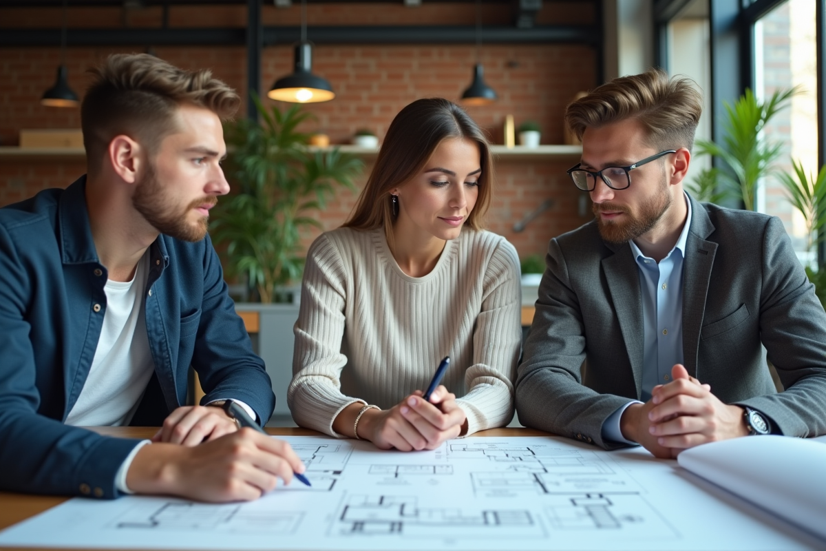 Groupe de trois personnes analysant des plans et diplômes immobiliers