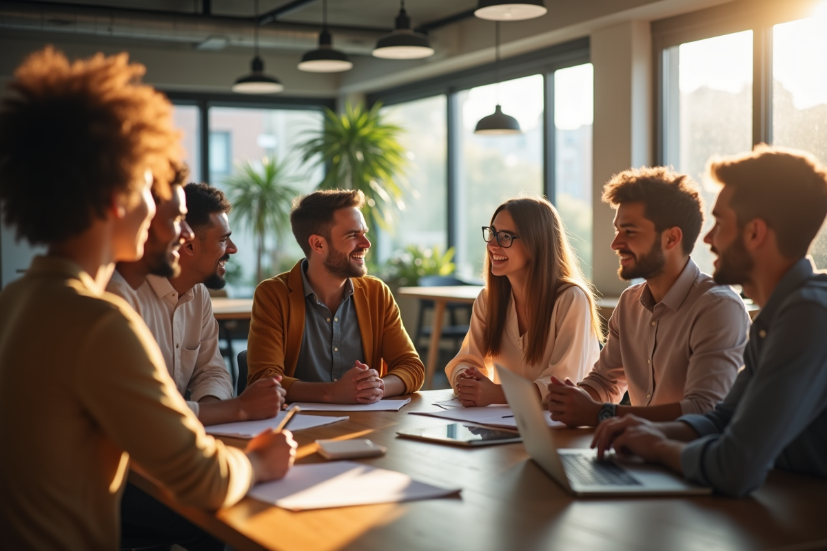 Groupe de jeunes discutant dans un espace de coworking lumineux