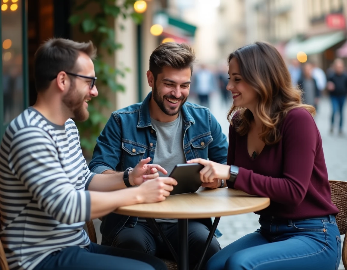Groupe d'utilisateurs partageant leurs retours d'expérience sur une tablette en terrasse de café