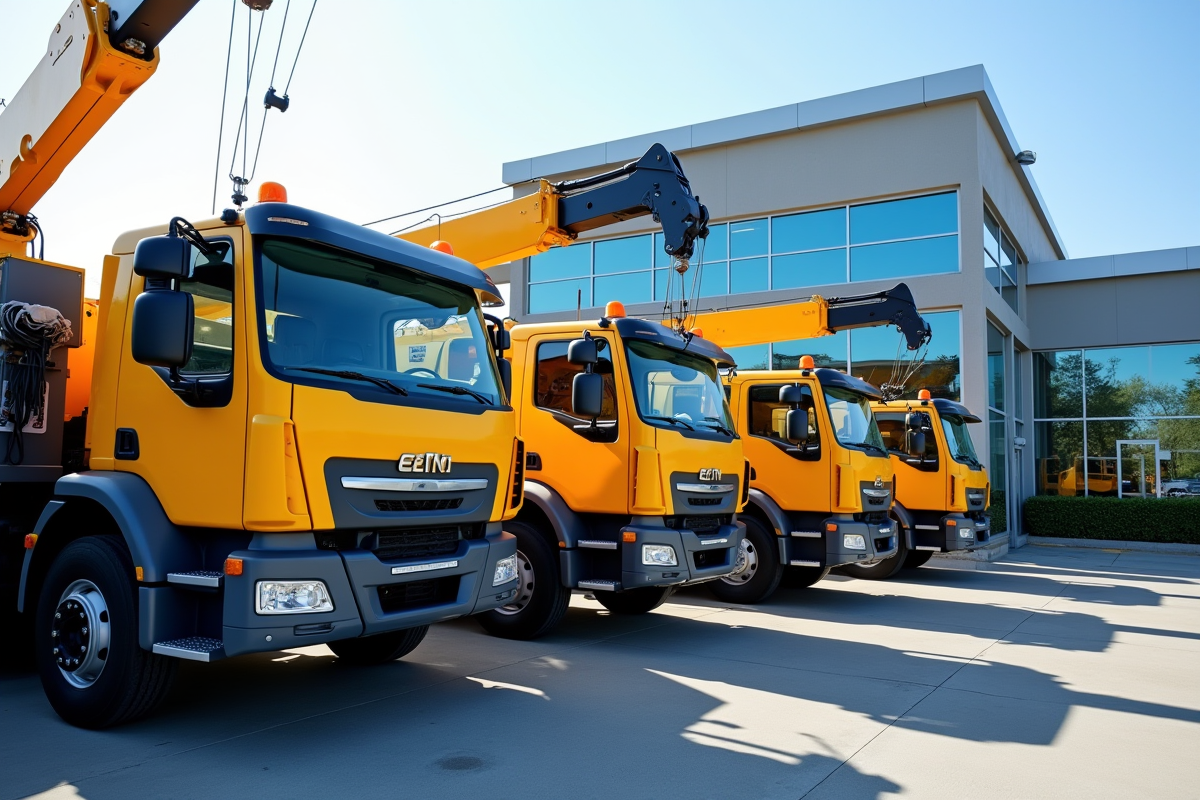 Plusieurs grues de camion d occasion en vente dans un concessionnaire