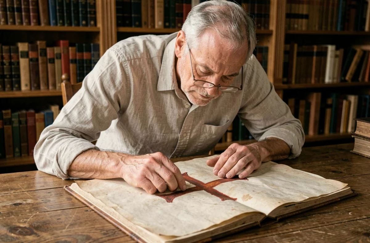 Historien étudiant un manuscrit médiéval illustrant la croix des Templiers sur parchemin ancien