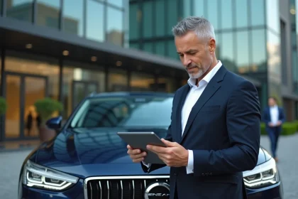 Homme d'affaires en costume devant une voiture de luxe