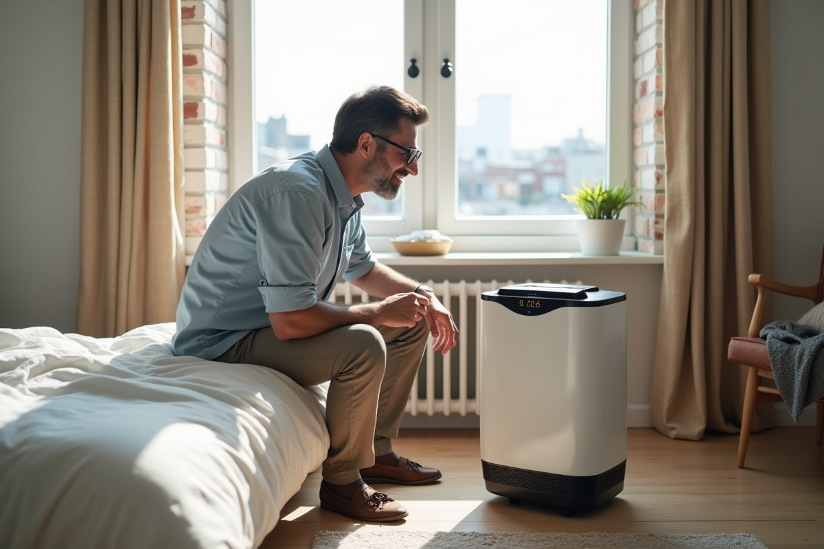 Homme vérifiant un purificateur d air dans une chambre lumineuse