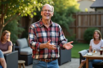 Homme d'âge moyen souriant lors d'un barbecue en famille