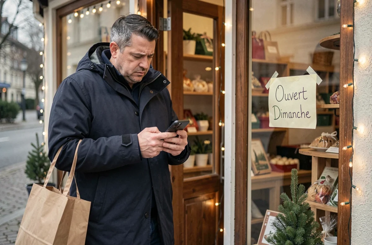 Homme consultant son téléphone devant une boutique indépendante ouverte le dimanche avec pancarte manuscrite Ouvert Dimanche