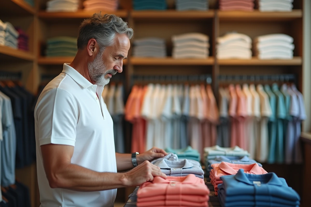 Homme en polo blanc dans une boutique de vêtements