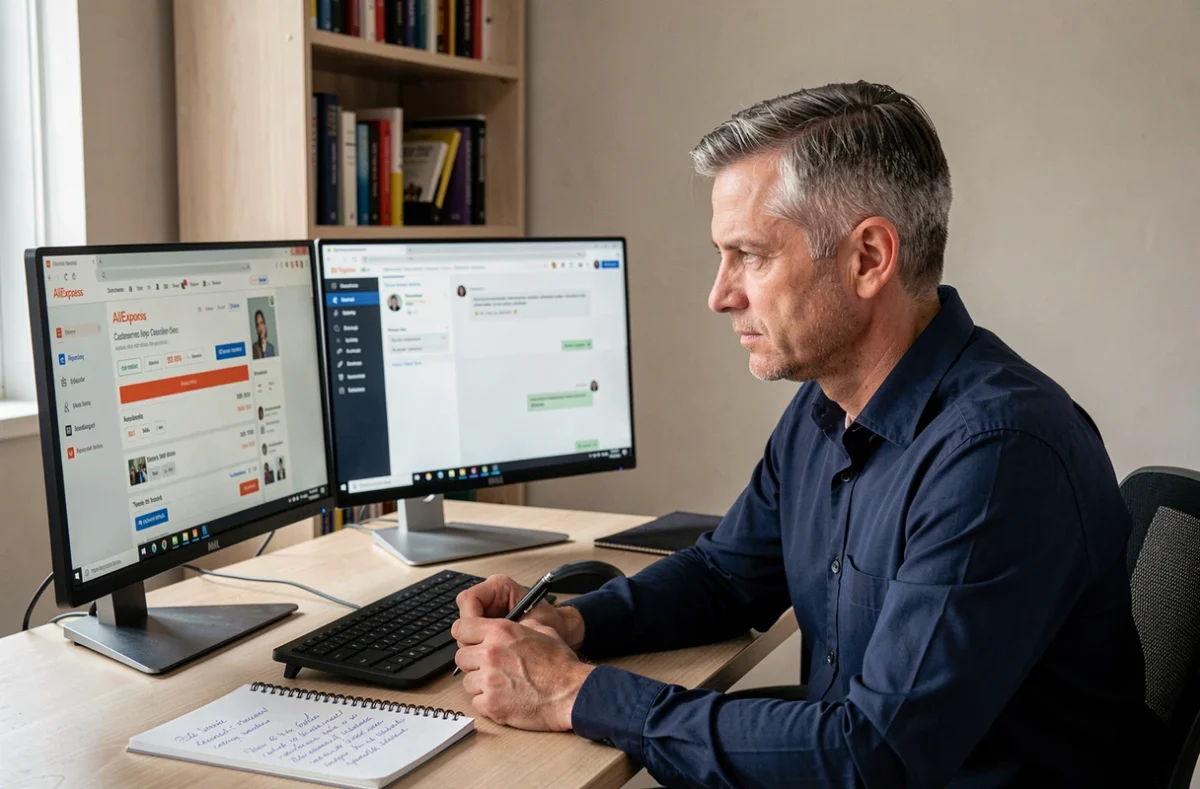 Homme au bureau cherchant à contacter le service client AliExpress via un chat en ligne