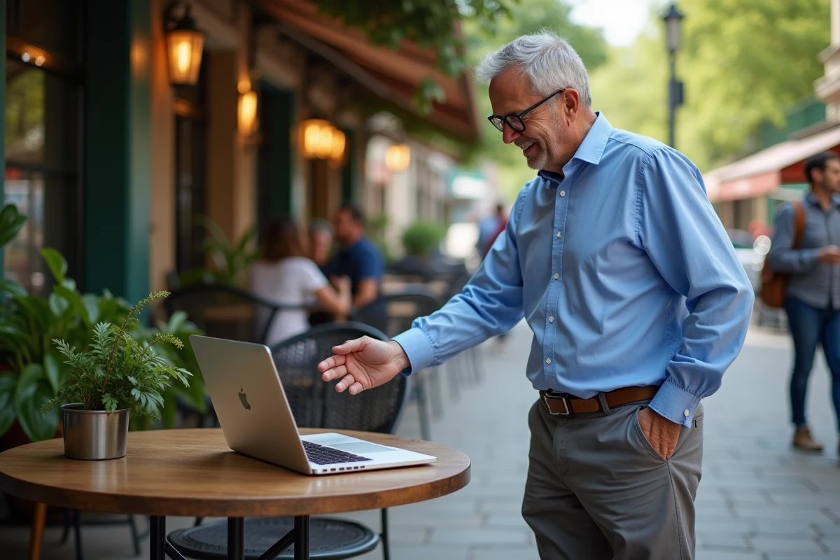 Homme souriant montrant un outil de calcul de dates en extérieur
