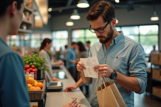 Homme regardant son ticket de caisse au supermarche