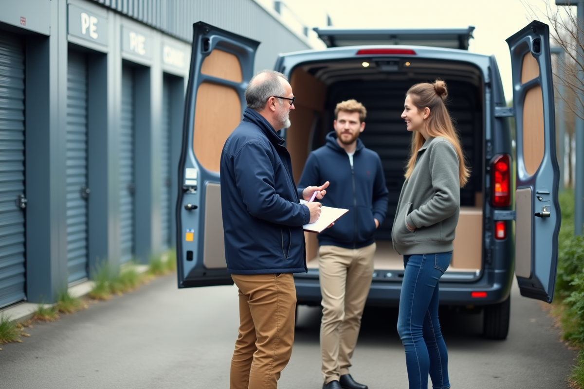 Homme avec un clipboard conseillant un couple devant un van de stockage