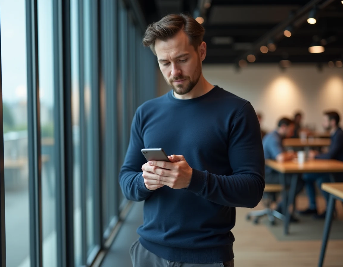 Homme consultant des retours d'expérience sur son smartphone dans un espace de coworking moderne