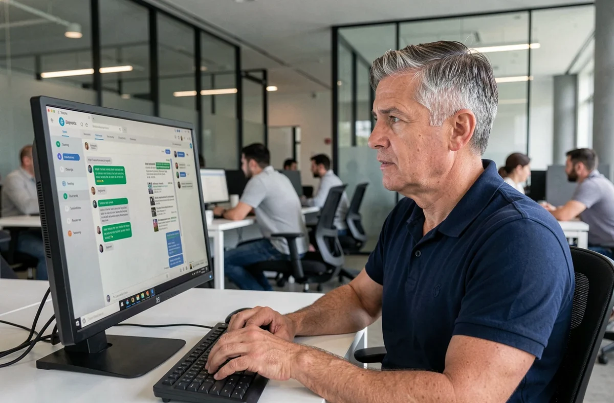 Homme débutant en IA qui utilise ChatGPT gratuit sur un ordinateur de bureau dans un espace de coworking