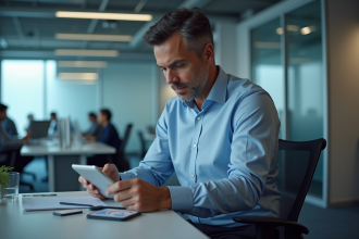 Homme d'affaires examine des données blockchain sur une tablette