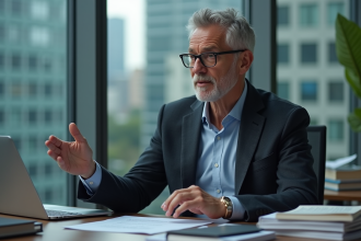 Homme d'âge moyen expliquant l'intelligence artificielle dans un bureau moderne