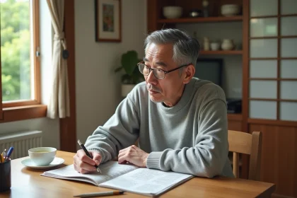 Homme japonais lisant un journal avec mots croises
