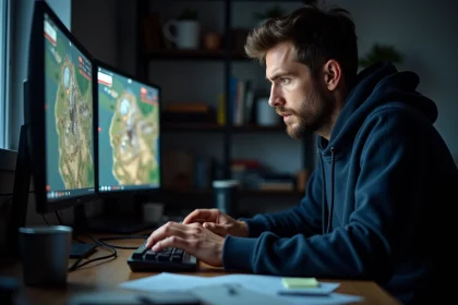 Homme concentré jouant à un jeu de stratégie de guerre sur ordinateur dans un bureau à domicile