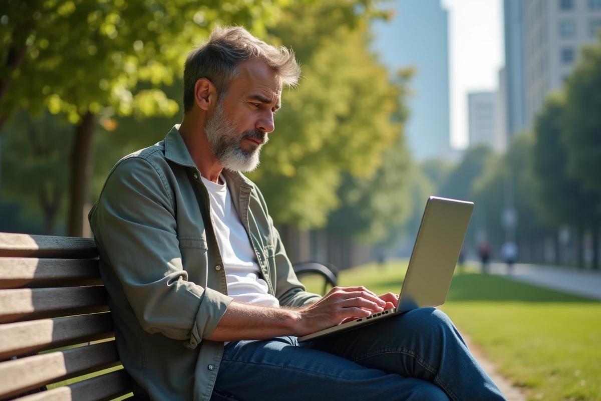 Homme détendu utilisant un ordinateur dans parc urbain