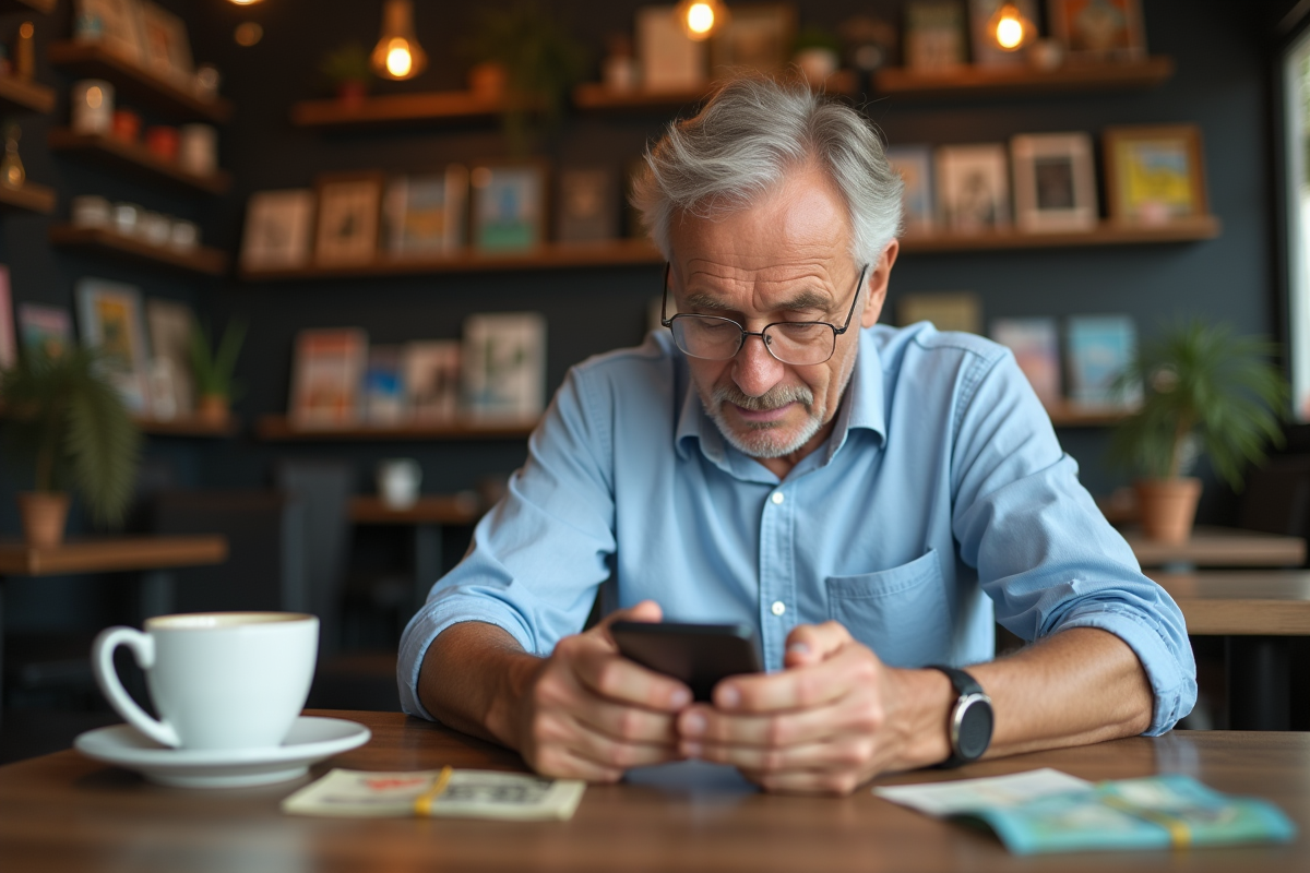 Homme âgé utilisant son smartphone au café