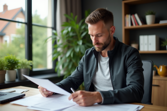 Homme d'âge moyen examinant des documents de prêt immobilier