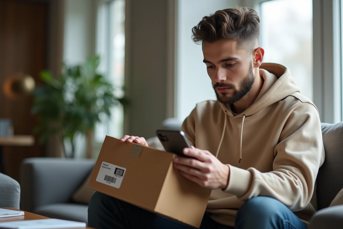 Jeune homme avec colis dans un salon urbain en train de regarder son smartphone