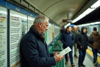 Homme d'âge moyen dans le métro parisien lisant un panneau