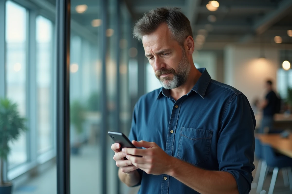 Homme en bureau moderne lisant un numéro international commençant par 212 sur son téléphone