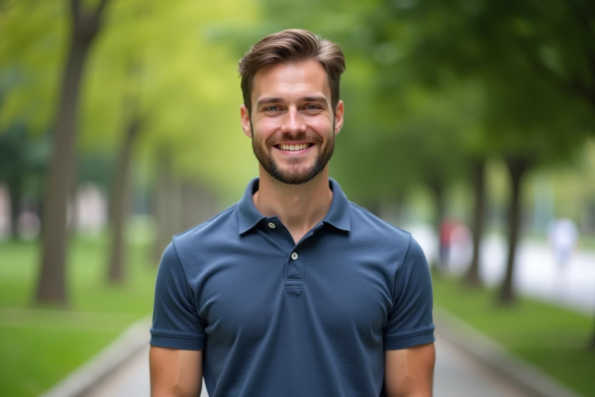 Homme en polo navy dans un parc urbain en extérieur