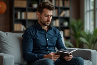 Homme pensif dans un salon moderne et chaleureux