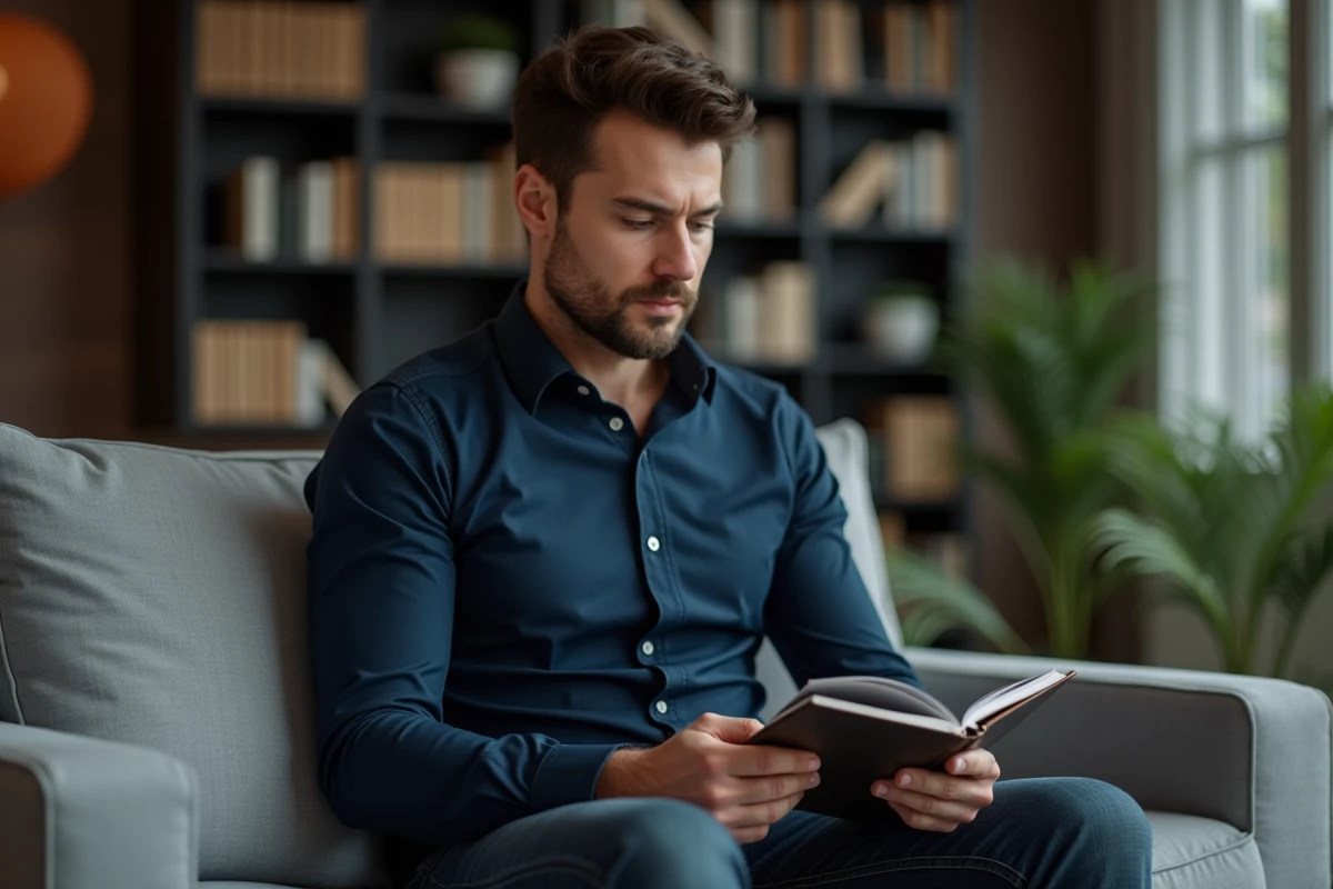 Homme pensif dans un salon moderne et chaleureux