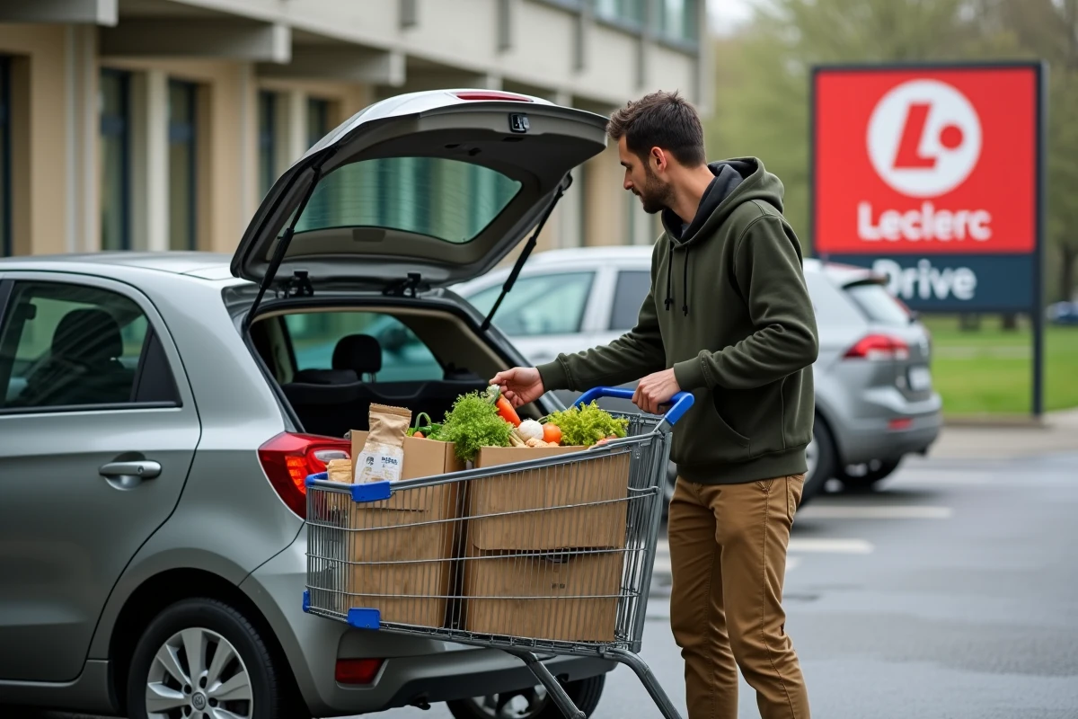 Homme récupérant ses courses au Drive Leclerc de Senlis dans le coffre de sa voiture