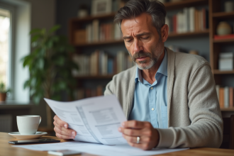 Homme d'âge moyen examine documents de location dans un intérieur moderne