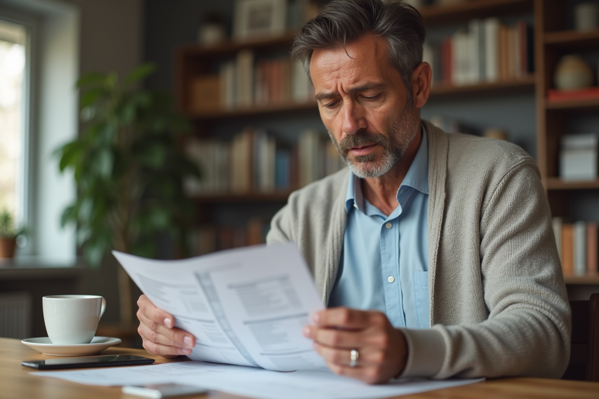 Homme d'âge moyen examine documents de location dans un intérieur moderne